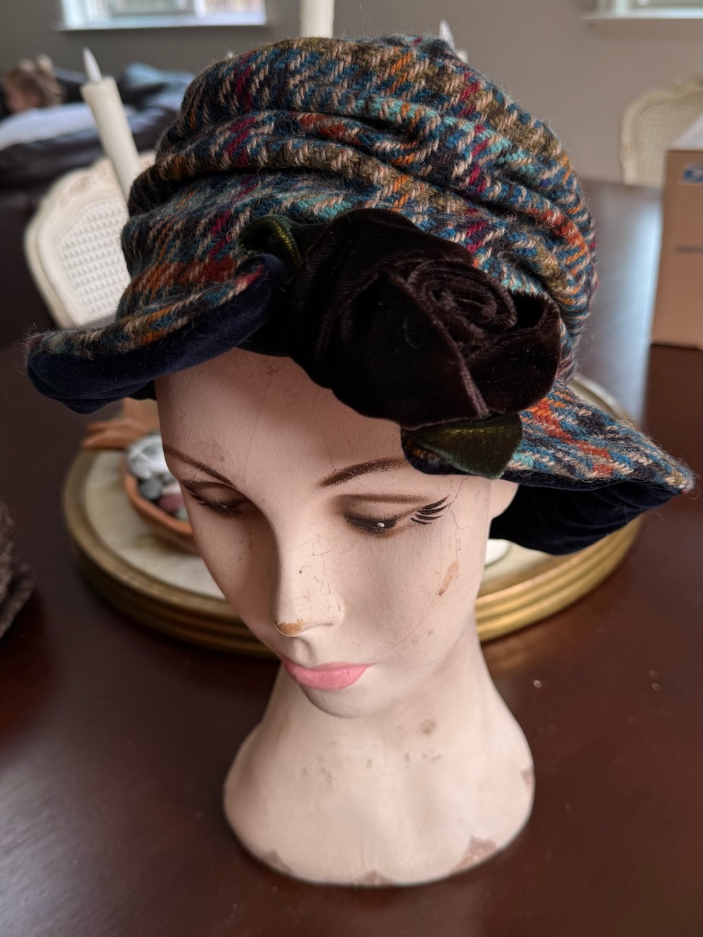 Womens Multicolor Wool Cloche Hat with Velvet Rose Accent